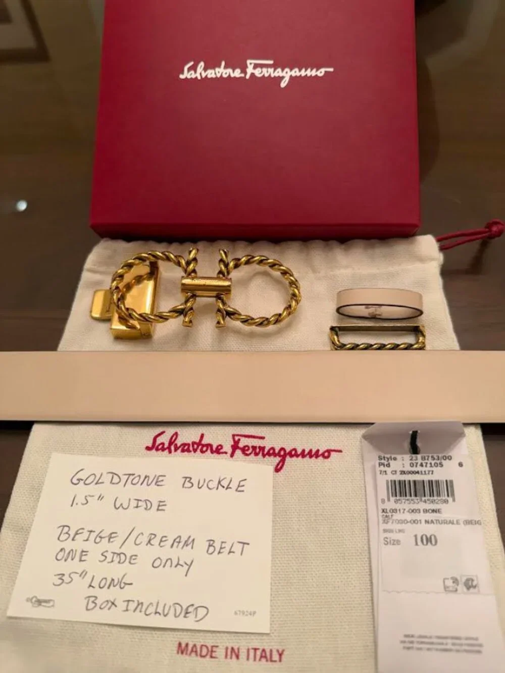 Ferragamo Goldtone Twist Beige Belt